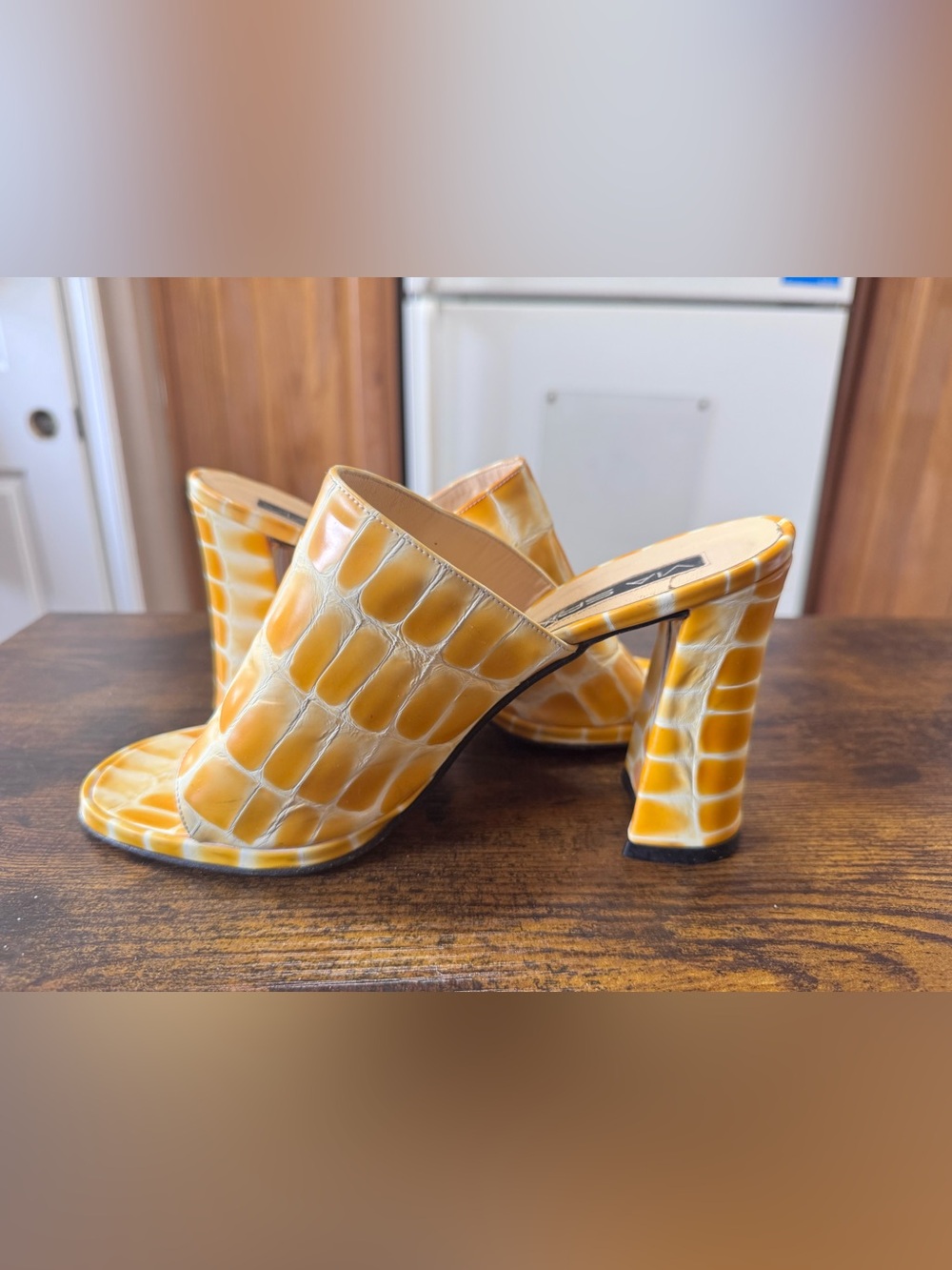 Via Spiga Italy Yellow Croc Embossed Leather Mules Chunky Block Heel Sandals 7 - Picture 7 of 12